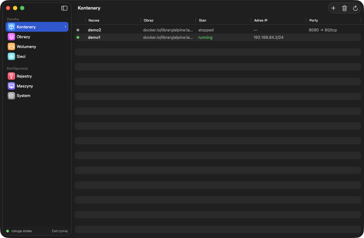 Container Desktop main window — containers list with a colorful sidebar