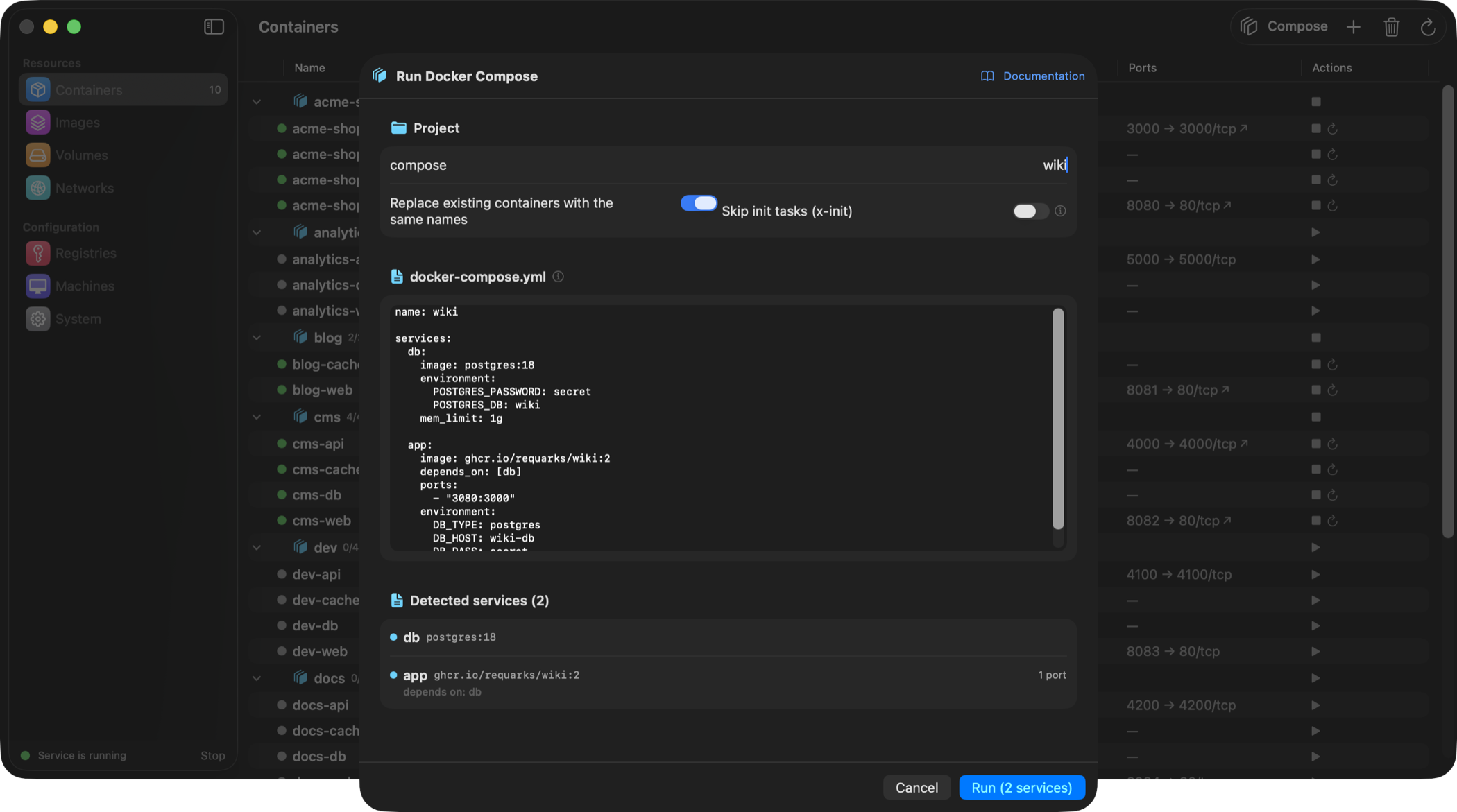 Compose project grouped on the containers list