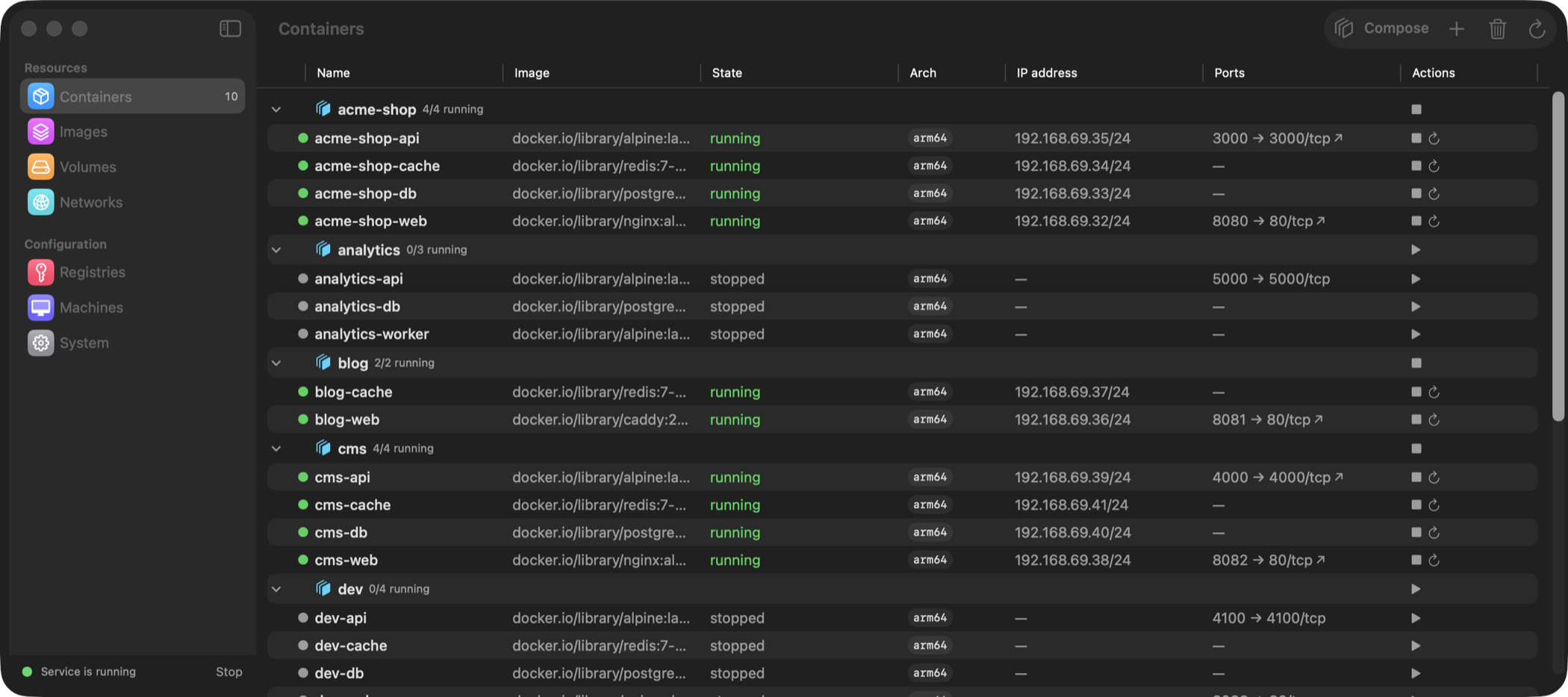 Container Desktop main window — containers list with a colorful sidebar