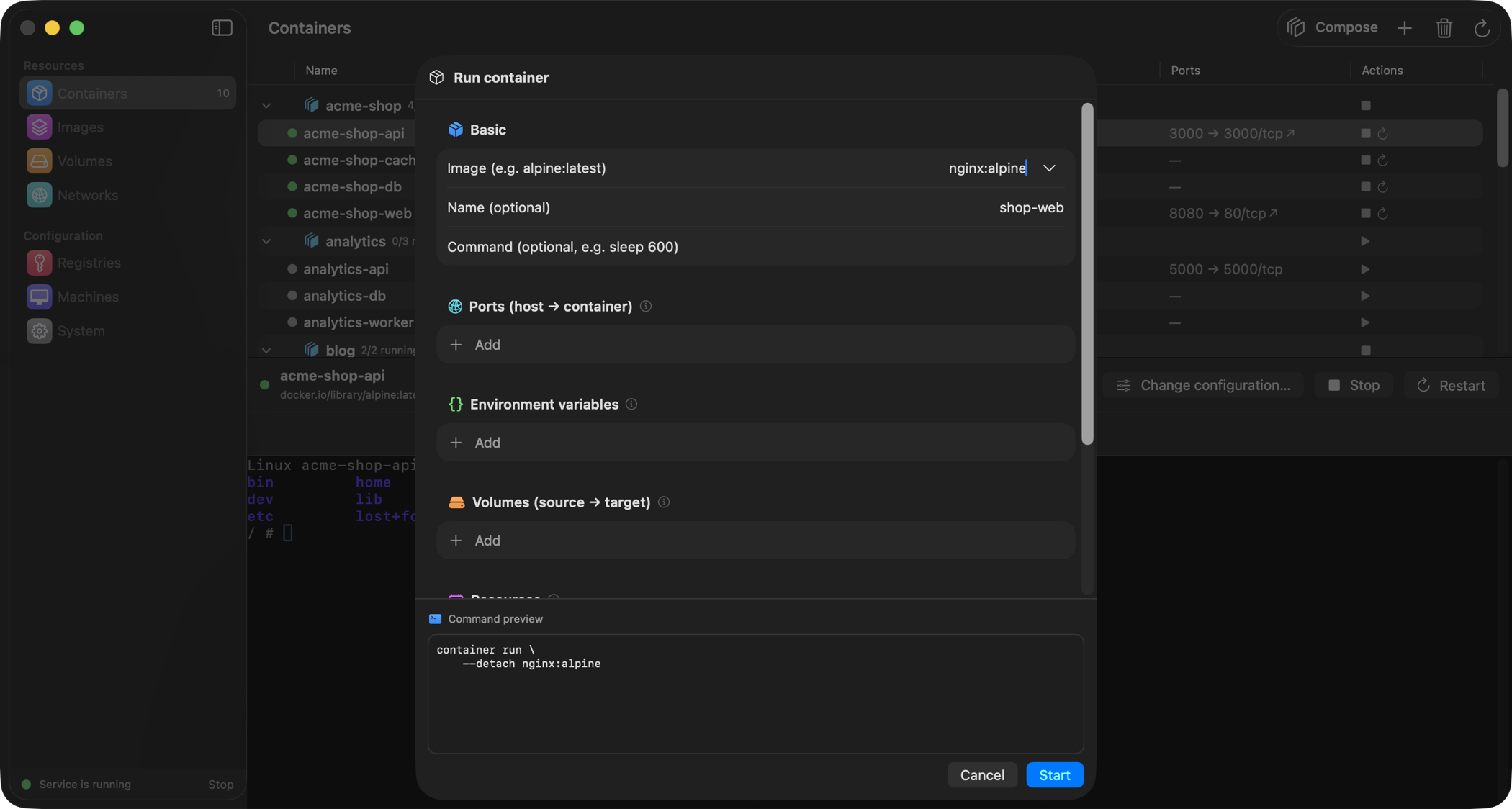 Run container dialog