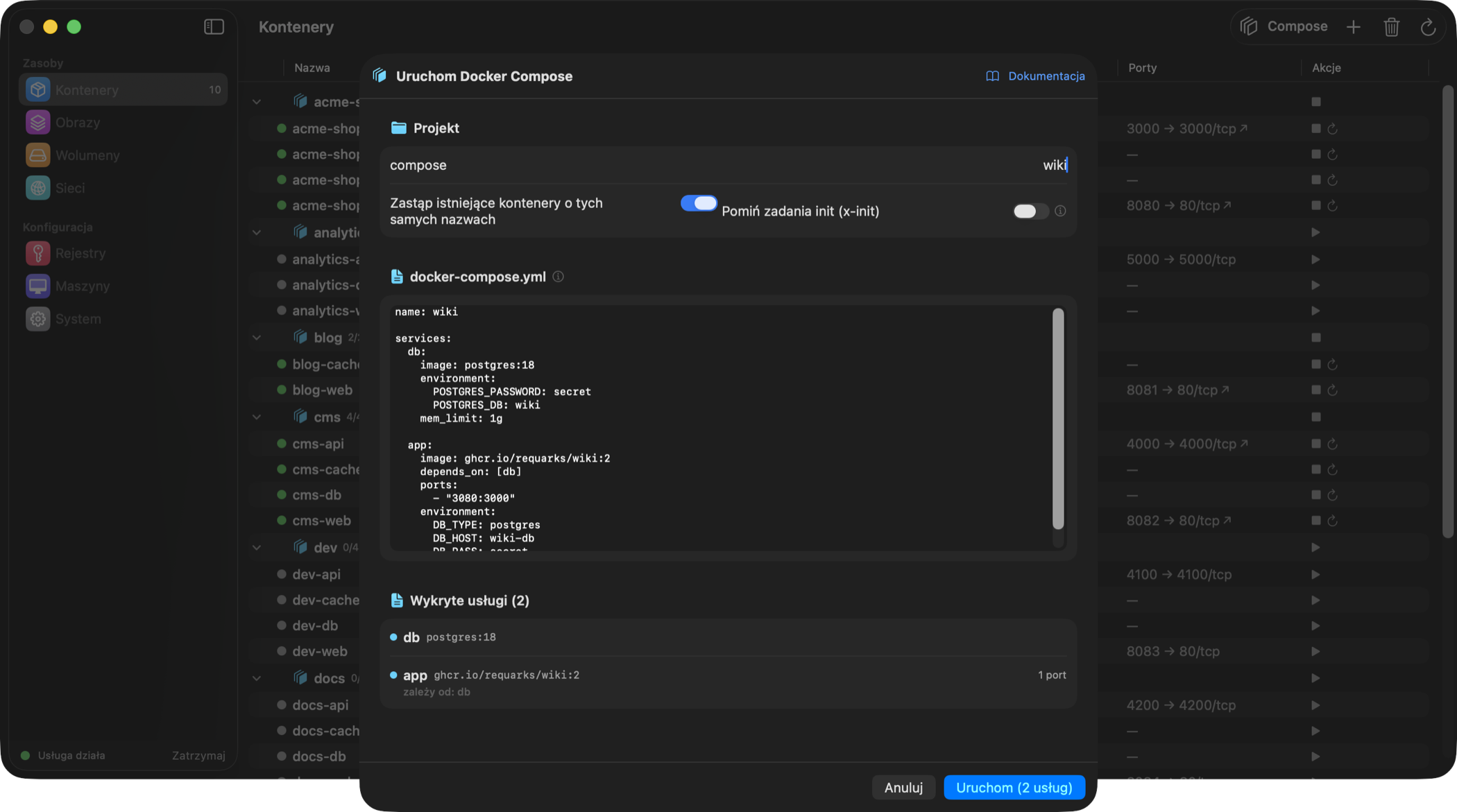 Projekt Compose zgrupowany na liście kontenerów
