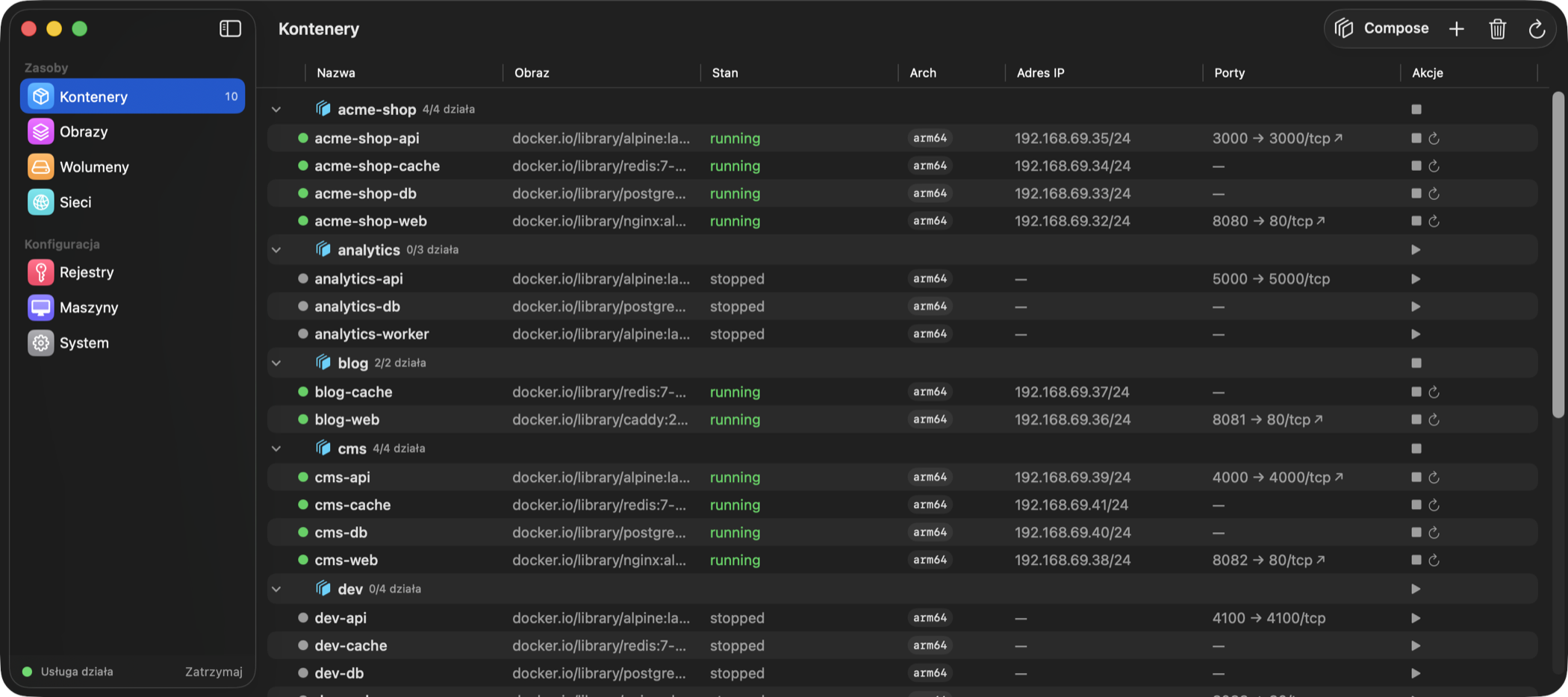 Główne okno Container Desktop — lista kontenerów z kolorowym sidebarem