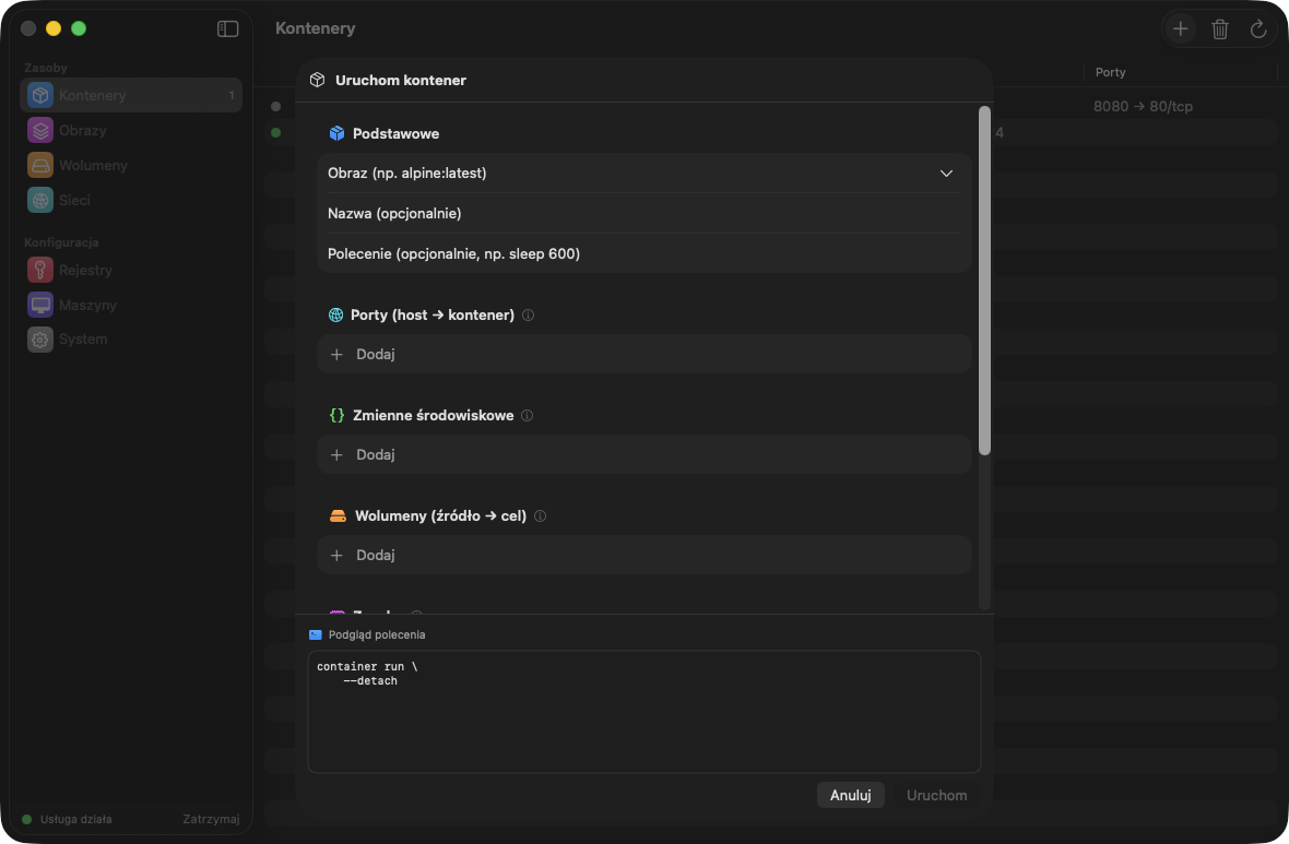 Run container dialog